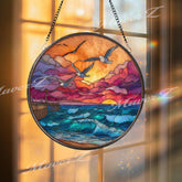 Seagull Stained Glass Suncatcher, Round Ocean Sunset Window Panel with Waves and Pier, Coastal Beach House Nautical Home Decor Gift